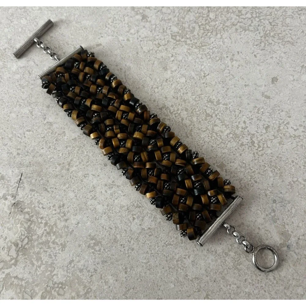 Kenneth Cole Wide Multistrand Brown Beaded Bracelet Signed with T Clasp